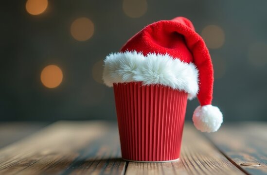 A festive red cup wearing a Santa hat sits on a wooden table, decorated with soft bokeh lights in the background during the holiday season