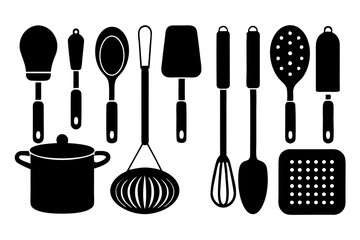 Kitchen utensil silhouette vector, Kitchen cutlery, utensil and cooking tools silhouette elements
