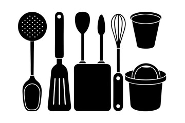Kitchen utensil silhouette vector, Kitchen cutlery, utensil and cooking tools silhouette elements
