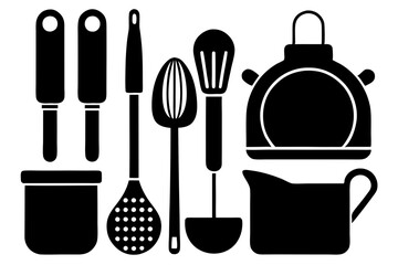 Kitchen utensil silhouette vector, Kitchen cutlery, utensil and cooking tools silhouette elements
