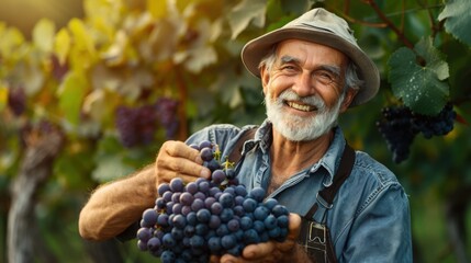 A smiling male farmer holding a bunch of grape in hand in plantation field in farm