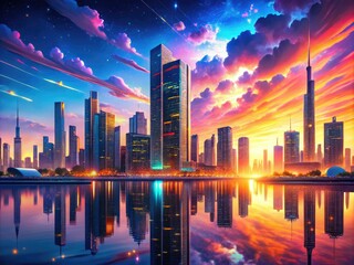 Fototapeta premium Vibrant, futuristic cityscape unfolds beneath a radiant sunset, sleek skyscrapers and neon lights reflected in calm waters, a mesmerizing 4K anime-inspired digital art landscape.