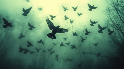 A flock of birds flying through a foggy forest