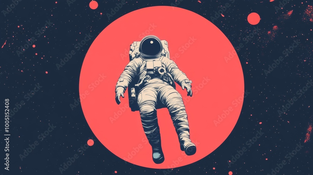 Poster a lone astronaut floats in space against a backdrop of a large red circle and a starry sky.