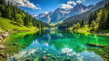 Mountain lake in Styria, Austria with crystal clear blue water and surrounding green hills, Leopoldsteinersee, Austria, mountain