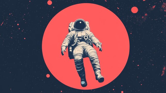 A lone astronaut floats in space against a backdrop of a large red circle and a starry sky.