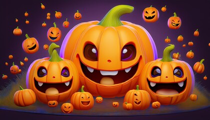 A vibrant Halloween scene featuring cheerful, cartoonish pumpkins with smiling faces against a dark purple background.