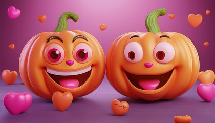 Cheerful pumpkins with big smiles and hearts, set against a vibrant purple background, perfect for Halloween or festive occasions.
