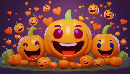A vibrant, playful scene featuring cheerful pumpkins with smiling faces and hearts, set against a purple background.