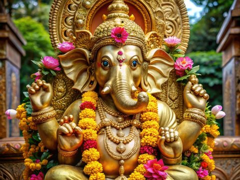 Vibrant golden idol of revered Hindu deity with elephant head and four arms, adorned with flowers and garlands, sitting on intricately carved pedestal.