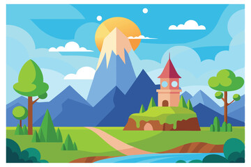 Naklejka premium Adorable Cute Beautiful Cartoon Landscape with Mountains, Trees, and River Scene