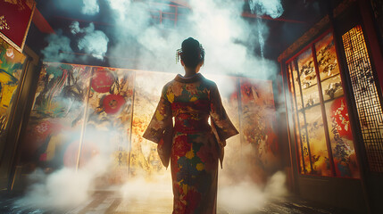 Fototapeta premium Hyper-realistic Japanese Woman in Kimono Surrounded by Mist