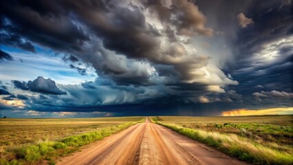 Dirt road cutting through countryside under dark storm clouds , countryside, dirt road, storm clouds, dramatic