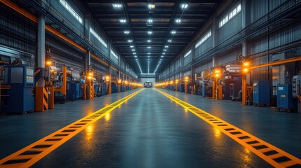 A spacious industrial warehouse with machinery and safety lighting.