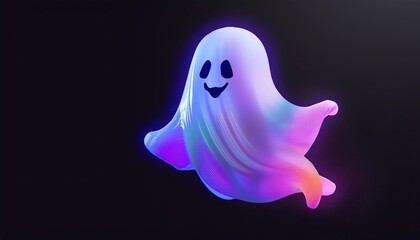 A playful, glowing ghost with a smiling face floats gently against a dark background, featuring a rainbow of colors.