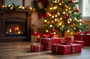 Cozy Christmas setting with a beautifully decorated tree and wrapped gifts near a warm fireplace in a festive living room