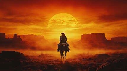Obraz premium A lone cowboy rides into the sunset, silhouetted against a fiery sky.