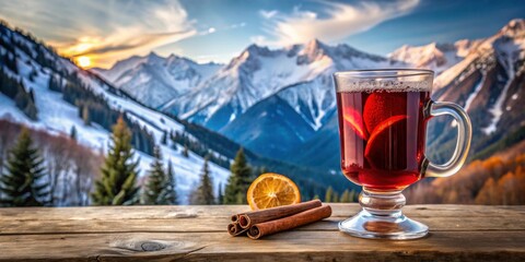 Hot mulled wine in a glass with winter mountains in the background covered in snow, Christmas, warm drink