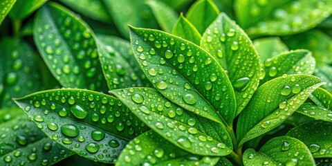 Close-up of vibrant green leaves with dew drops, creating a lush and textured background , Leaves, green, nature, foliage