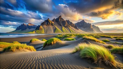 Sand dunes on the Stokksnes coast with Vestrahorn, popular landmark in Iceland, Iceland, Stokksnes, Vestrahorn
