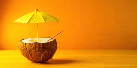 Mini coconut cocktail with umbrella on yellow background, perfect for summer vacation, coconut, cocktail, umbrella, yellow