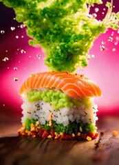 A perfect sushi made out of wasabi and fish explosion, surreal, macro photography.