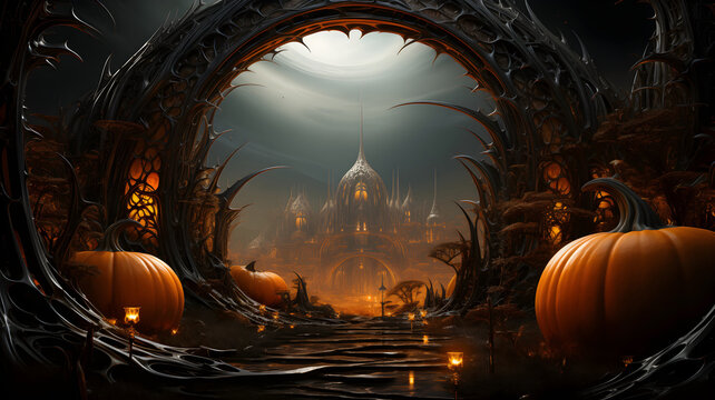 Halloween in sci-fi gothic style, a dark fantasy realm, orange pumpkins, evil creatures, modern surrealistic ambience, futuristic mysterious atmosphere. Unique background for invitation card, banner.
