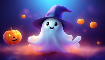 Naklejka premium A cute, friendly ghost in a purple hat, surrounded by pumpkins, set against a mystical blue background, perfect for Halloween.