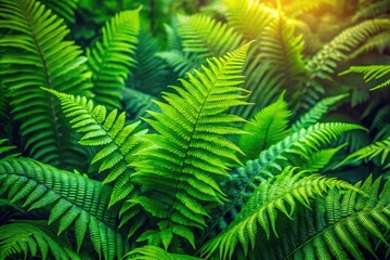 Vibrant green foliage of densely packed ferns and tropical leaves creates a lush, natural background with warm, soft lighting and subtle texture.