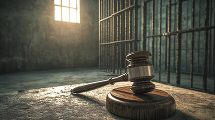 A gavel next to a prison cell, symbolizing sentencing, criminal justice, and incarceration decisions