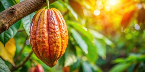 Cocoa fruit ripening on tree in planting brush, cocoa bean processing, cocoa, fruit, tree, planting brush, ripening