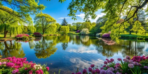 Vibrant green foliage of lush trees and blooming flowers surround a serene lake, embracing a peaceful atmosphere on a warm sunny May morning.