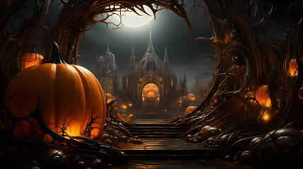 Halloween in sci-fi gothic style, a dark fantasy realm, orange pumpkins, evil creatures, modern surrealistic ambience, futuristic mysterious atmosphere. Unique background for invitation card, banner.
