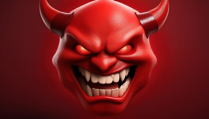 A fierce, red devil face with sharp teeth and prominent horns, set against a dark background, exuding a menacing vibe.