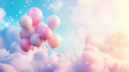 Abstract pastel balloons floating high in the sky with a softly blurred background of clouds, leaving space for text
