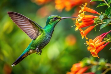 Obraz premium Vibrant green hummingbird with iridescent feathers and long, extendable tongue sips nectar from a bright orange trumpet-shaped flower in a lush tropical garden setting.