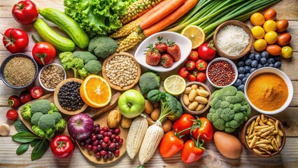 Balanced diet food background with a variety of fruits, vegetables, grains, and proteins, balance, healthy, nutrition, diet