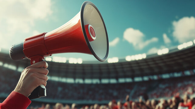 A person using a megaphone to make an announcement at an outdoor sports event, with a stadium and spectators in the background