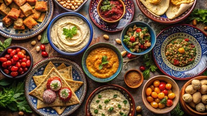 Fototapeta premium Ramadan halal food and Eid table setting with hummus and Moroccan traditional cuisine, featuring authentic homemade meals