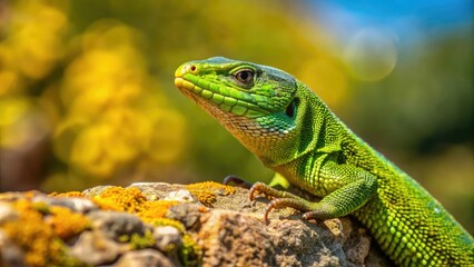 Fototapeta premium Vibrant green lizard, commonly known as lagartija, perches on a rustic stone wall, its scaly skin glistening in the warm sunlight of a Spanish countryside afternoon.