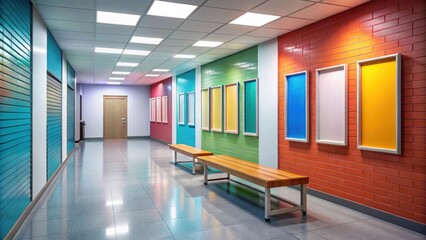 Colorful hallway with benches and inspirational quote posters on walls, Bright, colorful, hallway, benches, posters