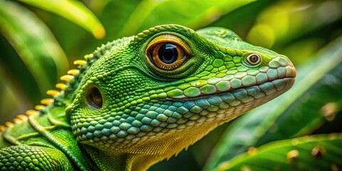 Fototapeta premium Vibrant green lizard's body blends seamlessly into foliage, showcasing remarkable camouflage ability in its natural habitat, with intricate scales and cunning eyes.