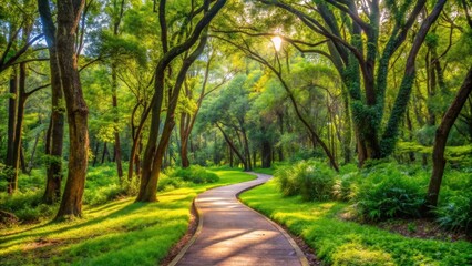 Naklejka premium A scenic trail winding through a lush natural ecological park, nature, hiking, outdoor, adventure, trees, forest