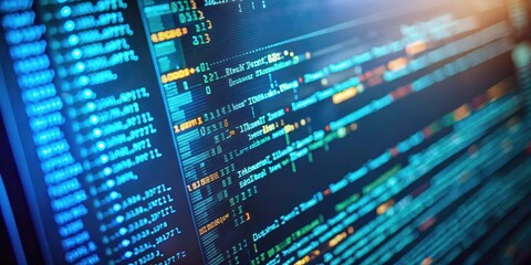 Fototapeta premium Extreme close up of software interface with lines of code in criminals den, hacking, malware, programming, script