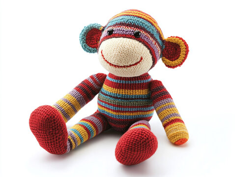 A playful sock monkey, bright and cheerful, isolated on white