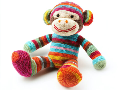 A playful sock monkey, bright and cheerful, isolated on white