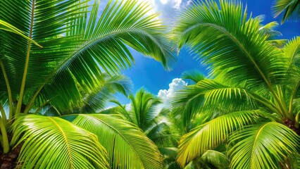 Obraz premium Vibrant green palm fronds and exotic leaves unfold against a bright blue sky, transporting viewers to a tranquil and serene tropical paradise.
