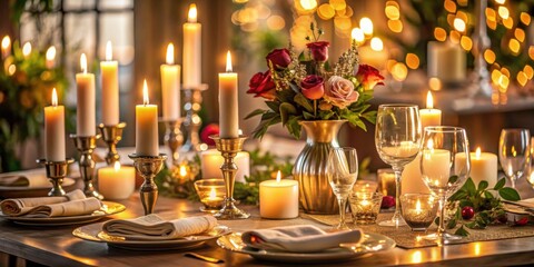 Fototapeta premium Elegant table setting with lit candles creating a romantic dinner atmosphere , restaurant, selective focus, fine dining