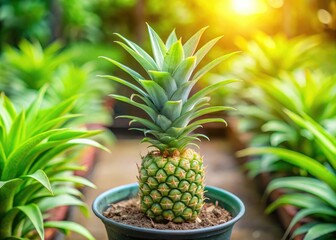 Fototapeta premium Vibrant green pineapple plant sprouting new leaves and tiny fruit in a nursery pot, surrounded by soft natural light and subtle blurred background.
