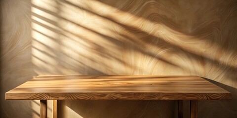 Beautiful natural wood table with stunning grain pattern in sunlight, casting shadow on beige wall, minimalist, empty